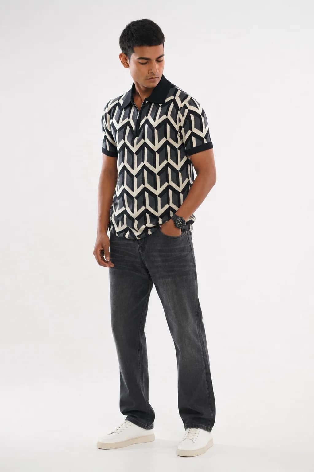 Men Heritage Chevron Polo Collar 100% Cotton Knitted T-Shirt