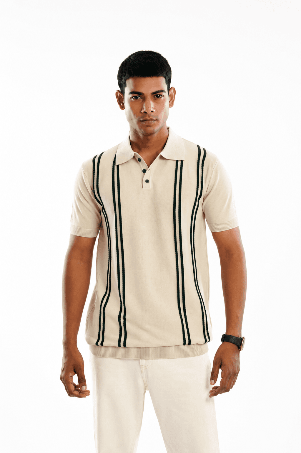 Men Wimbledon Vertical Striped Polo Collar 100% Cotton Knitted T-Shirt