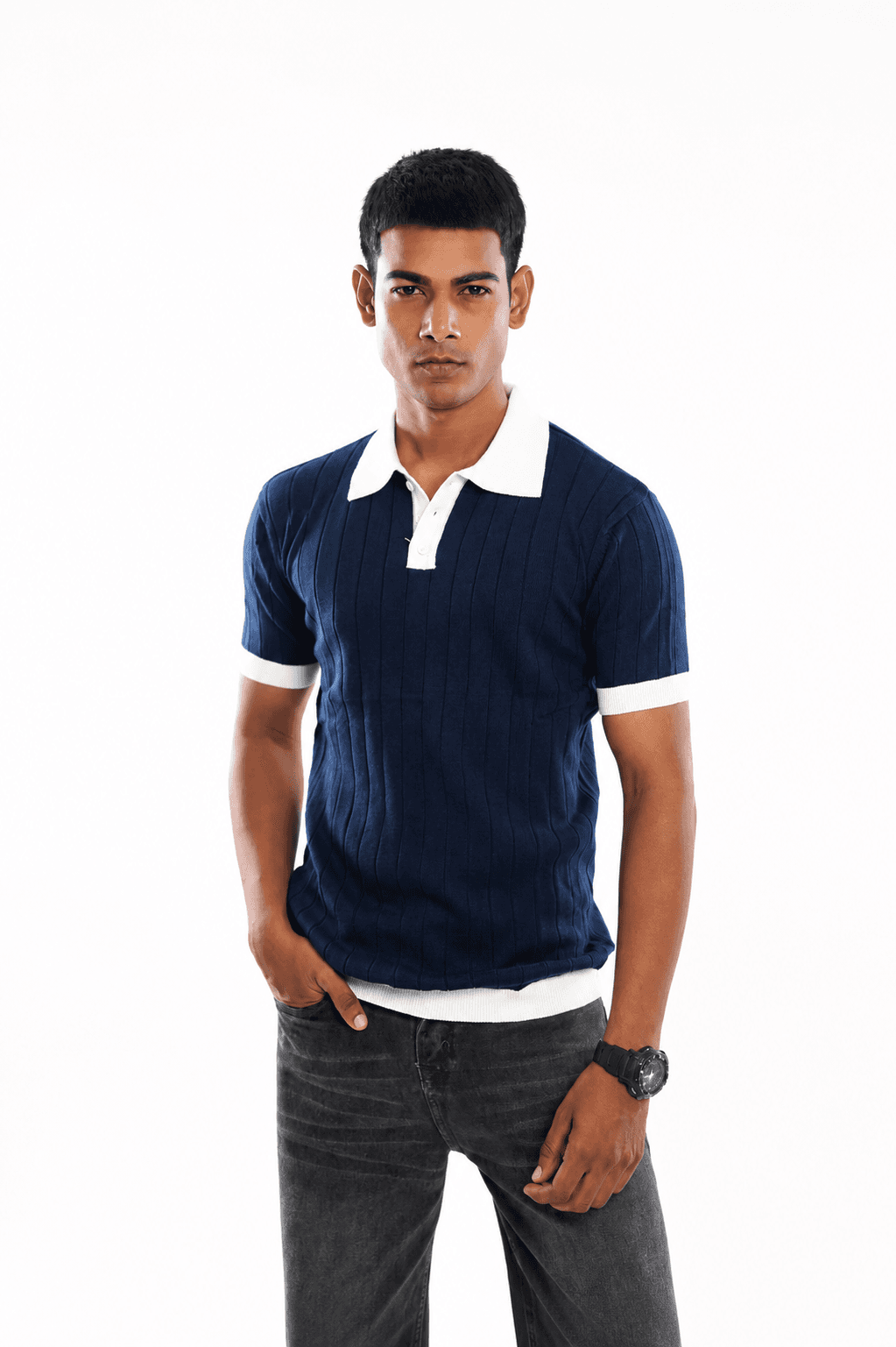 Men Monaco Rib Polo Collar 100% Cotton Knitted T-Shirt