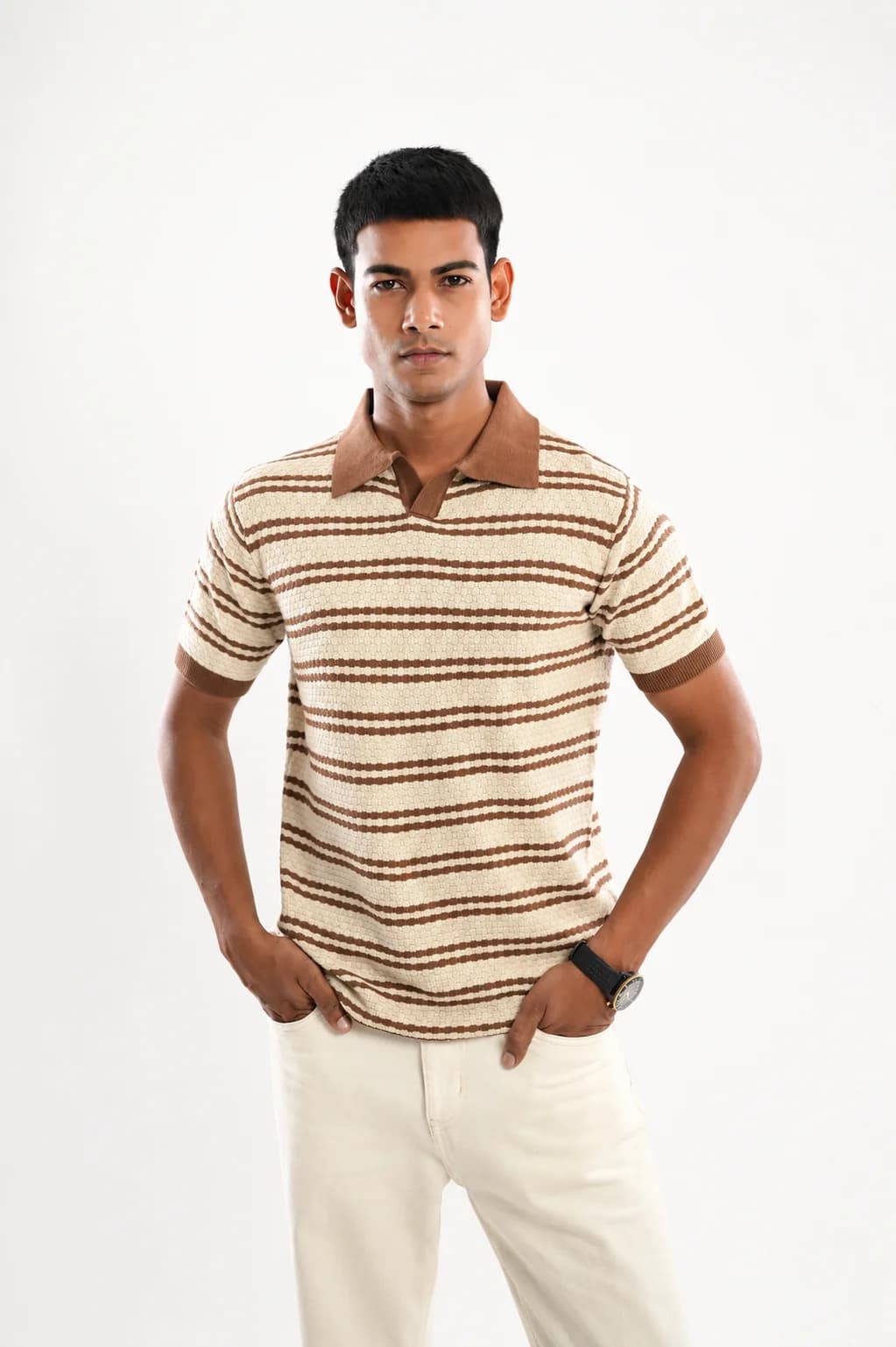 DOPPEY Men Tuscany Stripe Polo Collar 100% Cotton Knitted T-Shirt